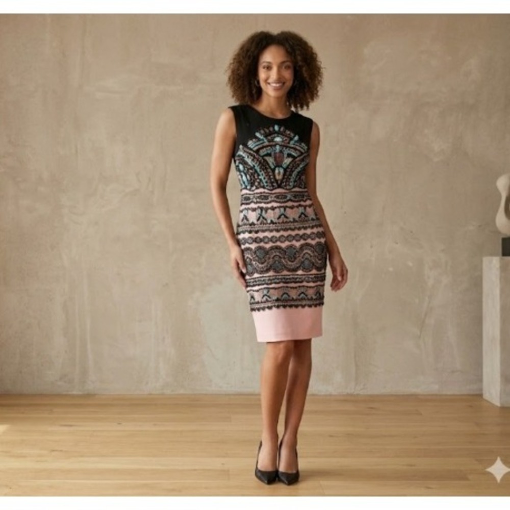 La Petite Robe Chiara Boni Pink Black Lace Print Sheath Dress Italy Size 42 IT